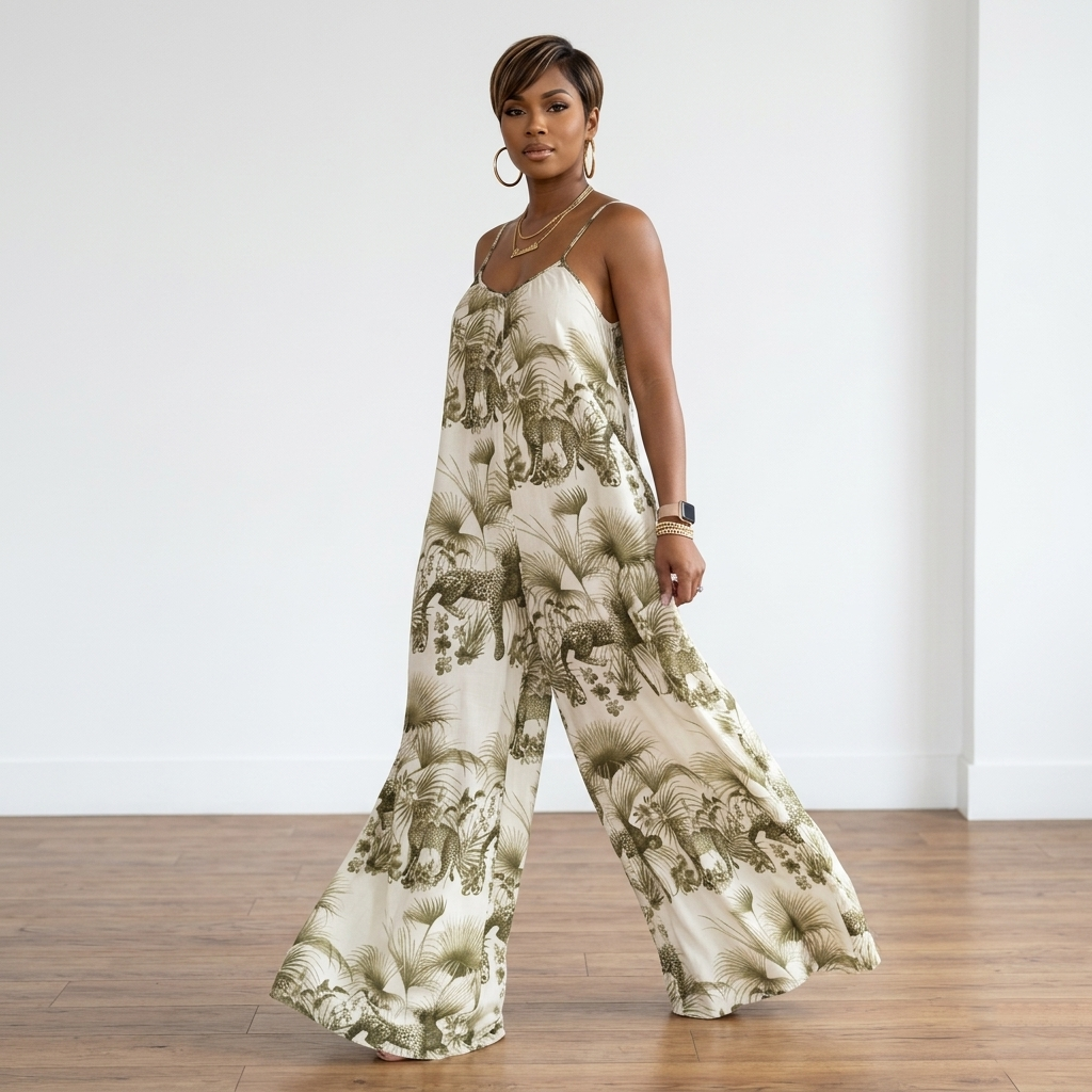 Sarai olive safari printed wide leg jumpsuit in motion showing flowy wide leg fit and lightweight fabric