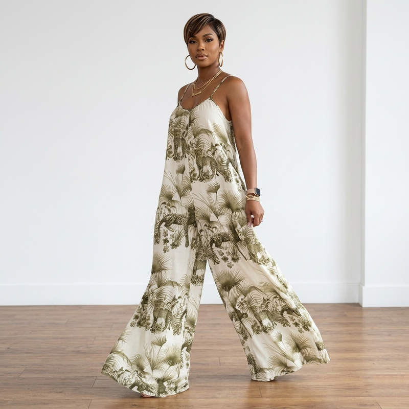 完売品　sahara Cross Neck Jacquard Jumpsuits Sarai Safari Printed Wide Leg Jumpsuit in Olive – House of