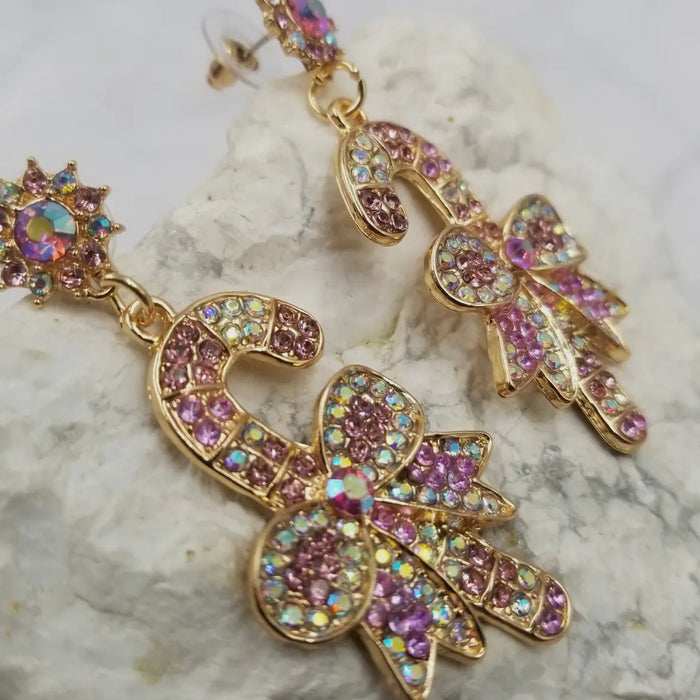 Christmas Glitter Crystal Candy Cane Earrings