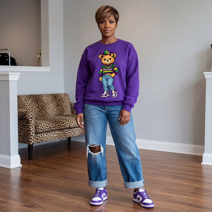 Mardi Gras Female Teddy Bear Sweatshirt | Purple