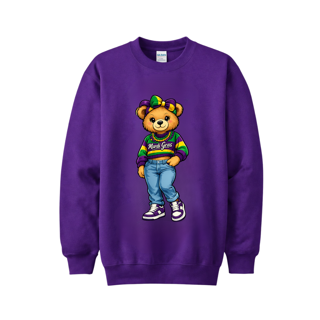Mardi Gras Female Teddy Bear Sweatshirt | Purple