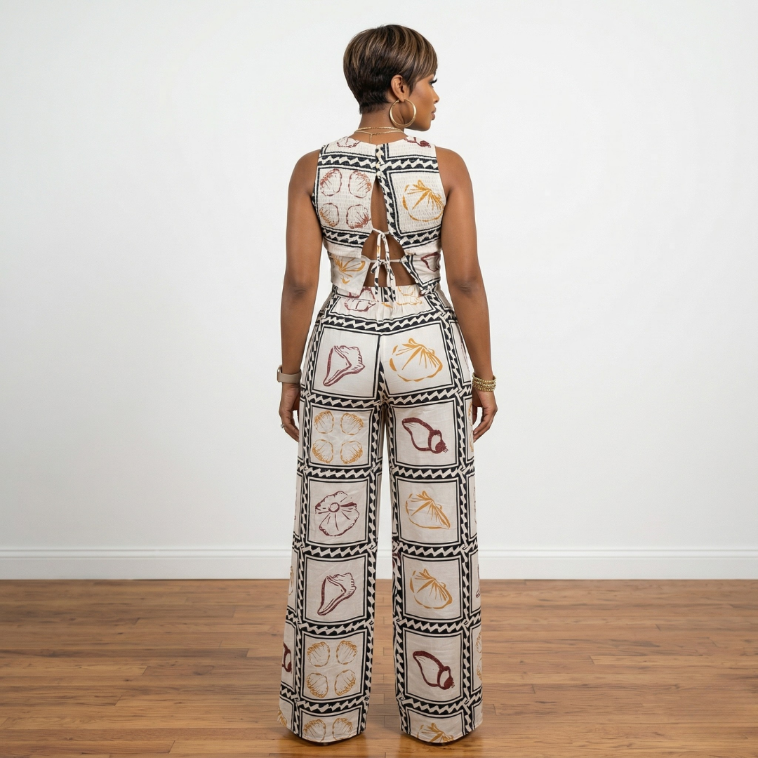 Tamera smocked top and pants set in blocked seashell print wide leg outfit